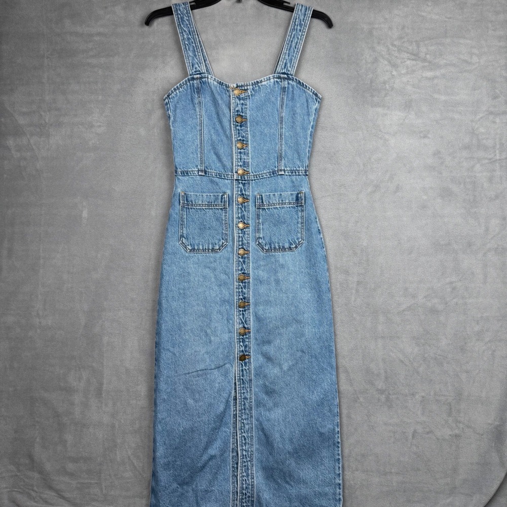 Rollas Denim Midi Dress Blue Button Front Front Pockets Size 6 XS Cotton Lyocell - Picture 2 of 12
